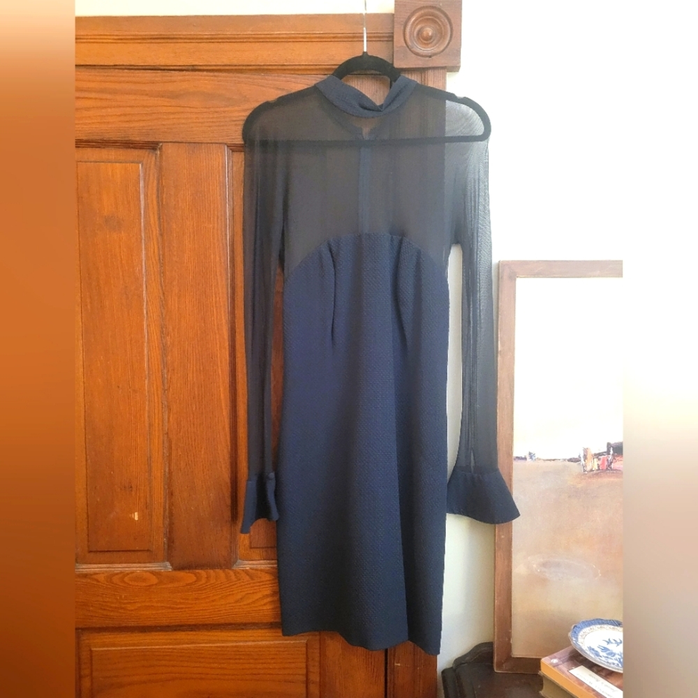 Vera Wang Dark Blue Button Closure Sheer Sleeve Flare Cuff Mid-Length Dress